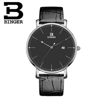Нови швейцарски мъжки часовник BINGER Елитен марка кварцов механизъм Кожена каишка-тънки мъжки ръчен часовник Водоустойчив часовник B3053M-2