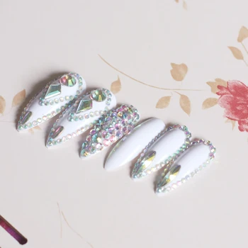 Новите заострени удължени, овални фалшиви нокти slim art salon нокти crystal diamond nail white Flash drilling