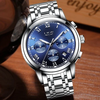 Новите часовници LIGE мъжки луксозна марка хронограф Мъжки спортни часовници, Водоустойчиви всички стоманени кварцов мъжки часовник Relogio Masculino+кутия