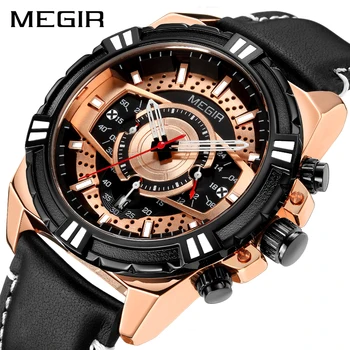 Новите часовници за мъже луксозна марка MEGIR Хронограф Мъжки спортни часовници, Водоустойчиви кожени кварцов мъжки часовник Relogio Masculino