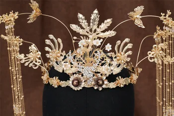 Новият китайски стил дълъг пискюл пеперуда булката диадема церемония реколта Феникс Короната накити за косата на жените
