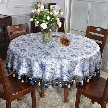Новият китайски стил с голяма кръгла маса кърпа домашен текстил с четка дантела прост стил синьо модел от висок клас покривка настройки