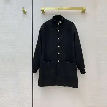 Ново демисезонное дамско палто с високо качество дамски черен велур бродерия златни копчета извънгабаритни палто елегантни дамски дрехи
