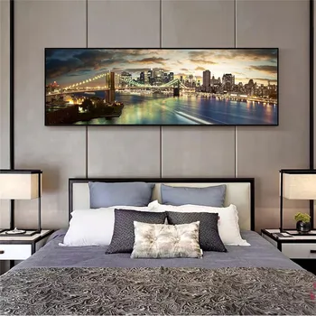 Нощен изглед към Бруклинския мост пейзаж платно на картина на стената изкуството на плакати и щампи съвременен Ню Йорк платно живопис