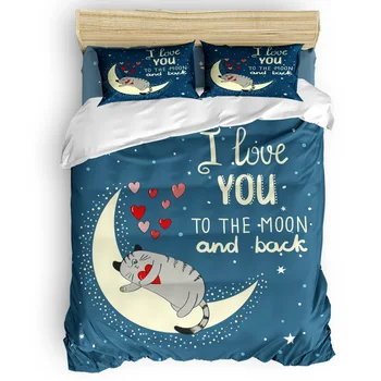 Обичам те до Луната и обратно котка син чаршаф комплект 2/3 / 4шт легла чаршаф калъфка за възглавница капак комплект
