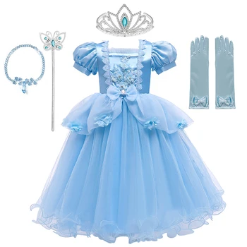 Облечи момичето във апликация на цвете Принцеса момиче рокли дантела мрежа Хелоуин Рожден Ден на Коледно парти необичайни деца костюм