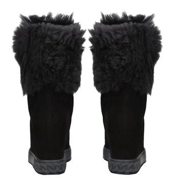 Обувки Дамски зимни сняг ботильоны платформа, естествена кожа, пухкави причинители Ботас клинове 8 см, увеличаване на растежа черни кожени ботины