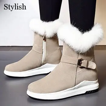 Обувки за ски дамски плюшени средата на прасците зареждане на твърди Дамски обувки на платформа за апартамент плюс-размер на дебели топли обувки ключалката приплъзване на зимни ботуши