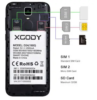 оригинален XGODY D24 телефон, батерия 2500mah 3.8 V за Xgody D24 смартфон 5.5 инча 2.5 D извити 18: 9 MTK6737-