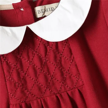 От 1 до 6 години, малките момичета рокля Англия стил памук детски блузи децата Рожден Ден на сладки червени костюми Perter Pan яка детски дрешки