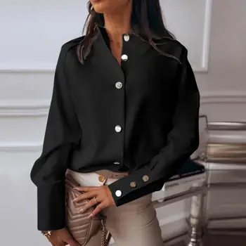 Офис риза дамски кръгла врата с дълги ръкави метални копчета висококачествена ежедневна риза женски бял топ Lopa Muyer
