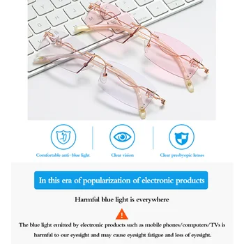 Очила за четене за жени анти-радиация син лъч заключване мода розово лилаво дами без рамки читателят очила мерник +1.5