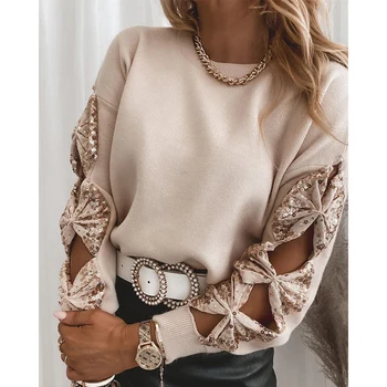 Пайети лък деколте с дълъг ръкав Дамски пуловери 2021 Пролет мода врата пуловери студена рамото елегантен възли върховете