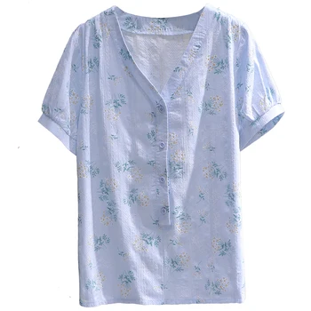 памук дамски ризи лятото на нов v-образно деколте и къси ръкави, флорални тънък Всичко мач женски ризи на горно облекло потници