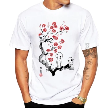 Памук О-Образно Деколте Funny Little Forest Spirits Men T-Shirt Cherry Blossom Printed Graphic Tshirt Summer Tee Битник Tops