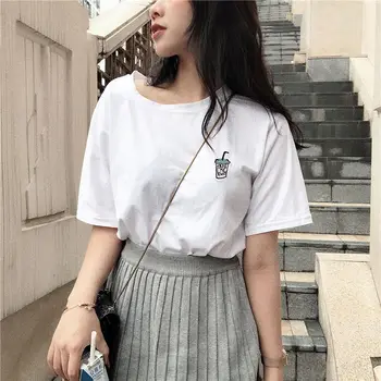 Памук с къс ръкав тениски дамски летни върховете на корейската мода свободни Майк ученичка младежки стил е смешно облекло