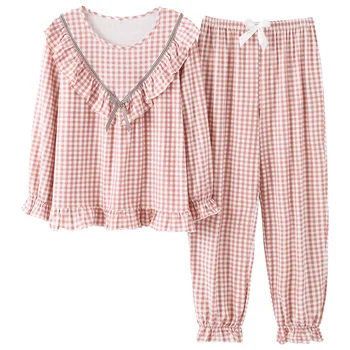 Памучен клетчатая пижами дамски модни пижами и комплекти сладки розови пижами кръгъл отвор Femme пижами плюс размер пижами M-XXXL
