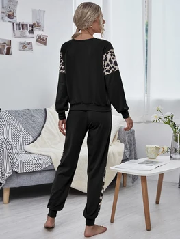 Панталони И Най Спортен Костюм Есен Pijama Lounge Носете Sport Mujer Tow Color Clothes Two Piece Set Leopard-Print Women Femme Pocket