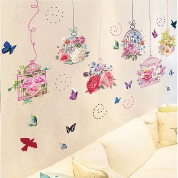 Пастирски стил на пеперуда на цвете Птичья клетка стикер на стената Хол, Спалня, декориране на стенни картини сменяеми етикети