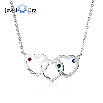 Персонални преплетени сърца колие с 3 камъни 925 сребро потребителски име гравиран медальон (JewelOra NE102402)