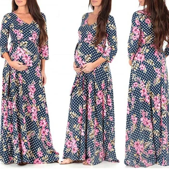 Печат V-образно деколте дълго майчинство снимки подпори рокли за бременни жени по майчинство, рокли за фотосесии бременност рокли