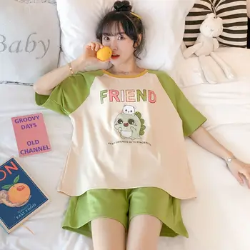 Пижамные комплекти шорти жени лято 2XL домашно облекло Kawai корейски стил свободни студентите стилни връхни дрехи елегантна-лесният 2 бр. пижама