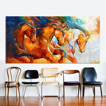 Платно на изкуството на стената ръчно рисувани три коня работи маслени картини на животни живопис с маслени бои, за домашен интериор дневна