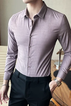 Плътен цвят на бизнес ежедневната мъжка риза с дълъг ръкав официална рокля ризи градинска социална парти блуза Camisa Masculina