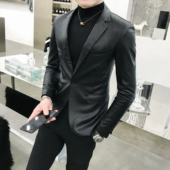 Плътен черен Slim Fit Blazer Hombre ПУ кожено яке мъжете един бутон бизнес случайни деления блейзери за мъже корейски костюм, палто
