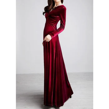 Плюс размер 4XL 5XL дамски зимата рокля с дълъг ръкав V-образно деколте, дълги Макси кадифени рокли, елегантни дами официално парти червени рокли черен