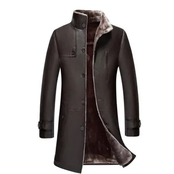 Плюс размер 5XL мъжки однобортный дълъг дъждобран кожа зимата е топла кожа подплата якета и горно облекло яке