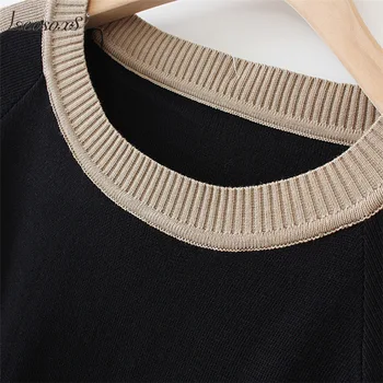 Плюс размер жена вязаный костюм есен свободен цвят съответства на пуловер с дълъг ръкав и възли панталони комплект от 2 части черен XL XXL, 3XL 4XL