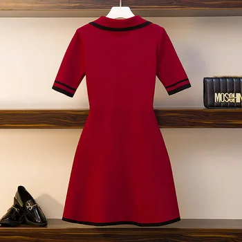Плюс размер лятна рокля 2020 нов модерен червено черен костюм яка с къс ръкав двубортная Дамски дрехи, Рокли