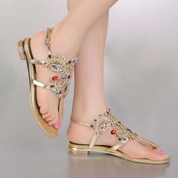 Плюс Размер34-44 гореща 2018 луксозни модни дамски плоски кристали сандали жени Национален вятър Бохемия джапанки Гладиаторски сандали