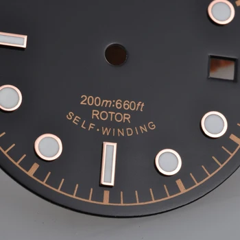 Подробности за часа, 30,4 мм черен стерилна циферблат часа марка розово злато за Unitas ЕТА 2824 2836 автоматични механизми