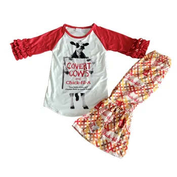 Популярни бутик детски дрехи есен момиче мляко коприна червен ферма дълги ръкави, с изгорени панталони набор от 20