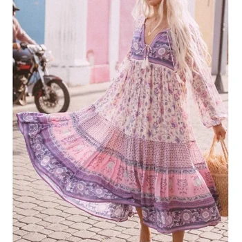 Почивка Лято Dress Жените Цветен Принт Boho Dress Женски Дантела С Дълъг Ръкав Ежедневна Дълга Рокля