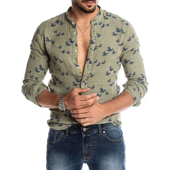 Пролет есен ежедневни мъжки Dovish печат копчета с дълъг ръкав мода чиста риза ленена тънък топ горещи продажба удобна мъжка риза