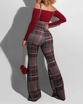 Пролет есен женски проверени панталони на подтяжках 2021 нов стил Femme елегантни реколта дълги панталони офис дамски костюми