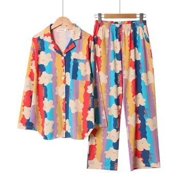 Пролет и есен дамски пижами набор от цветна Дъга сладък мечка печатни пижами отложным яка с дълъг ръкав + панталони домашно облекло