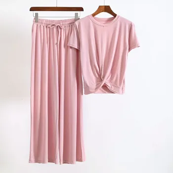 Пролет лято домашни дрехи, жени модални пижама комплект от 2 елемента пижама с къс ръкав пижами Бантроб случайни свободни пижама комплект пижама