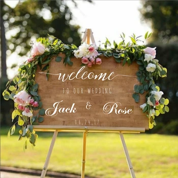 Прост персонализиран сватбен добре дошли знак с имената и датата етикети селски дървен Сватбен декор потребителски винил за сватби