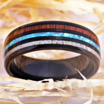Пръстен годежен пръстен годежен пръстен за жени, мъжки пръстен черен волфрам с дърво-Огнен опал -Рог на Юбилейното партийное пръстен