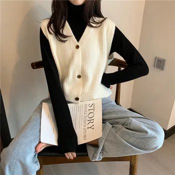 Пуловер есен - зима 2020 нова корейска версия на V-образен силует кратък вязаный жилетка жилетка без ръкави пуловер женски