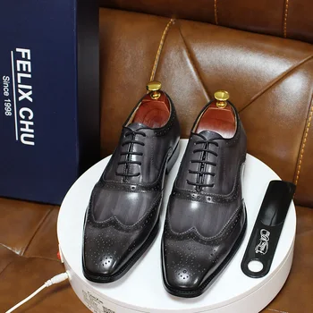 Размер 6-13 далеч ръчно изработени мъжки оксфордские обувки Wingtip сив естествена кожа Алпийка мъжки обувки класически бизнес официални обувки за мъже