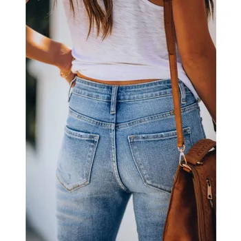 Реколта разкроена дънки Дамски тънък дънкови панталони пълна дължина 2020 Пролетната мода Raise High Stretch широки дънки ouc1061