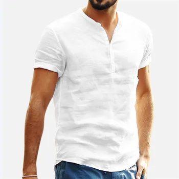 Риза за мъже casual проста бельо и памучни къси ръкави и копчета диша готина риза Свободна градинска дрехи, Мъжки ризи за мъже
