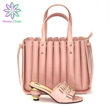 Розов цвят 2021 италиански Дамски обувки и чанта в тон, за коледната среща с ток и удобна Африканска подходяща Дамски обувки