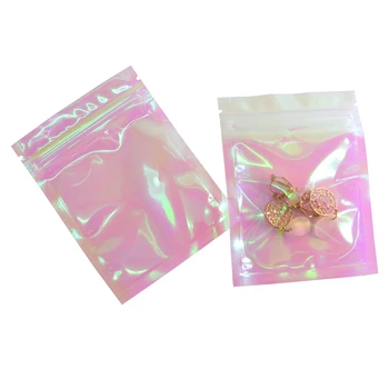 Розова светкавица обгръщащ чанта с дебелина еднократна употреба холограма козметични бижута плоски чанти лазерни малки пластмасови Zip-Lock чанти