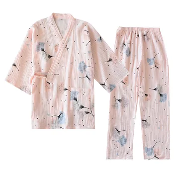 Розово кимоно пижама комплект за жени 2 бр пижами Пролет чист памук прежди пижама с V-образно деколте половината от печат глухарче пижами Mujer домашно облекло